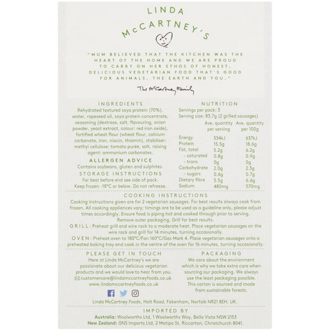 Linda McCartney's 6 Vegetarian Sausages 270g