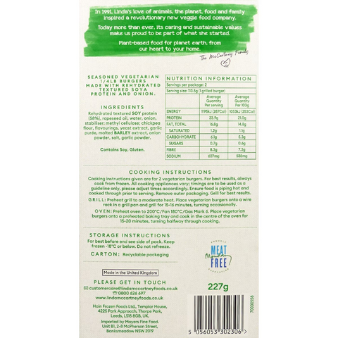 Linda Mccartney's 2 Vegetarian 1/4lb Burgers 227g