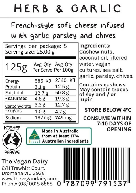 The Vegan Dairy Herb and Garlic Soft Cheese 125g