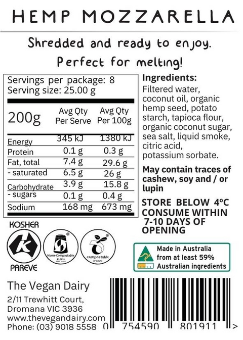 The Vegan Dairy Shredded Hemp Mozzarella 200g
